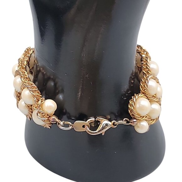 Vtg Vermeil Imitation Pearl Double Woven Row Bracelet Gold on Sterling Silver - Picture 7 of 14
